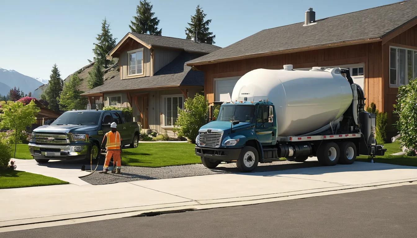 Septic tank pumping truck parked beside a home in Lindon while a provider checks the tank lid
